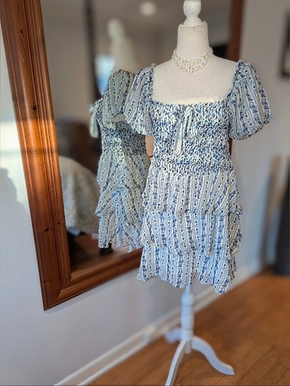 Francesca's Collections Blue and White Floral Smocked Tiered Mini Dress